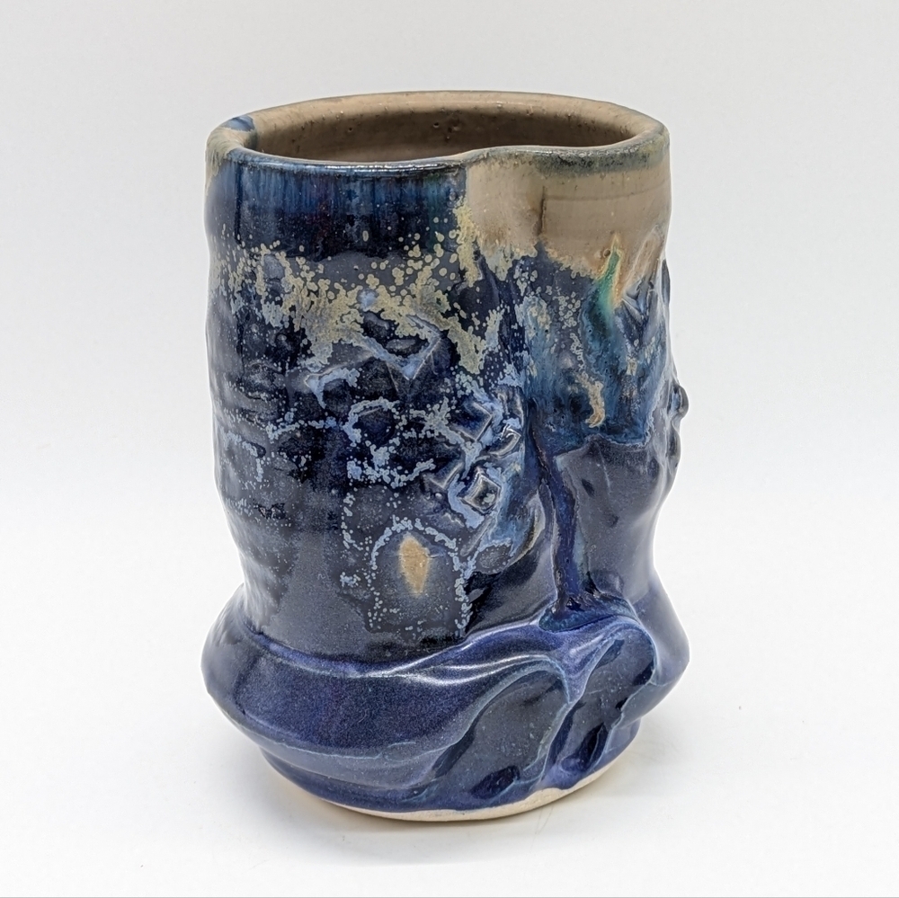 Handmade Tan Blue Glazed Earthenware Ceramic Abstract Mug Vase
